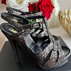 Yves Saint Laurent Tribute’s. Authentic 41 Black with gold & silver glitter!